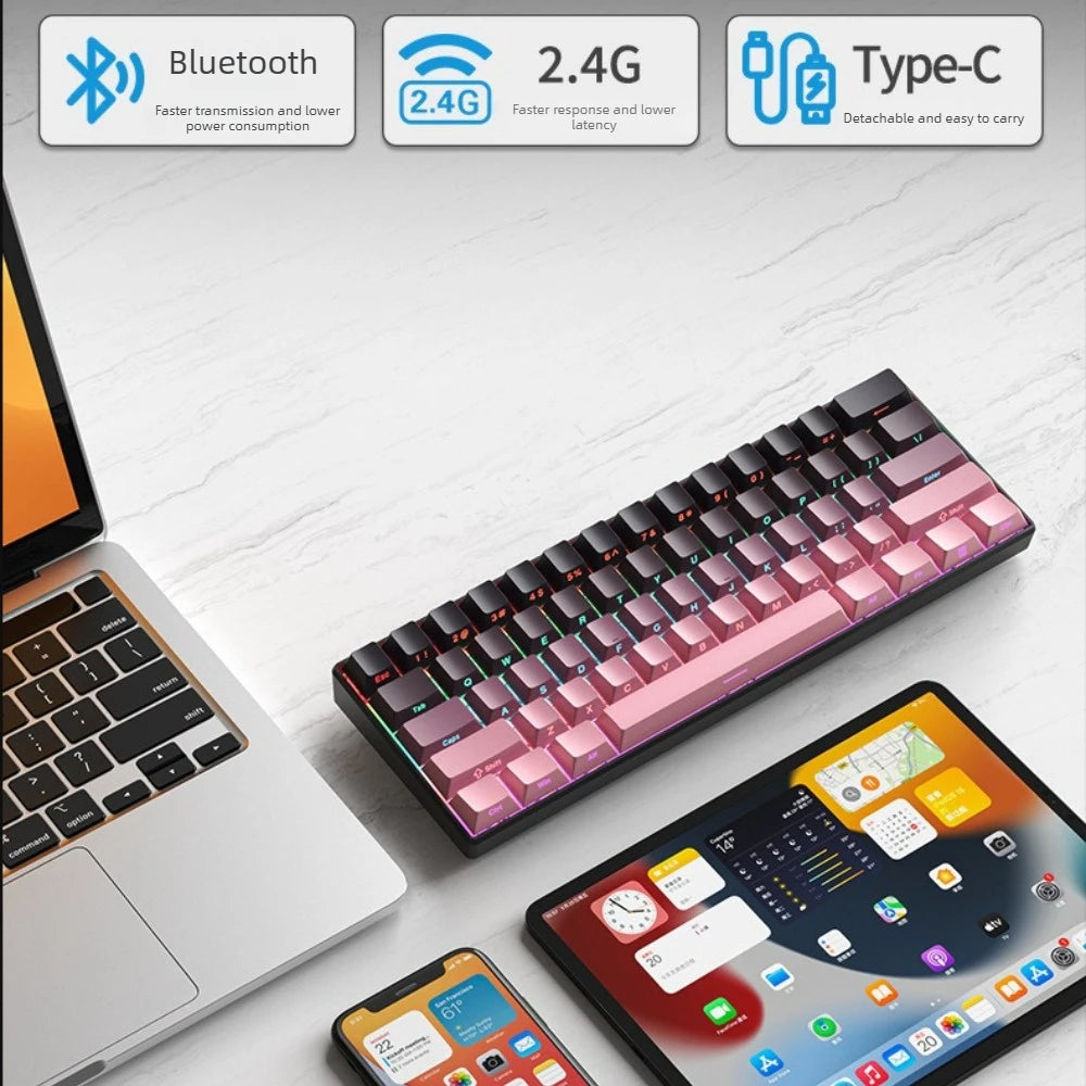 Wireless Gaming Mechanical Keyboard 60% RGB Bluetooth Keyboard, Triple Mode Wireless Mechanical Keyboard with 61 Keys, Compact RGB Gaming Keyboard for PC, Laptop & Tablet