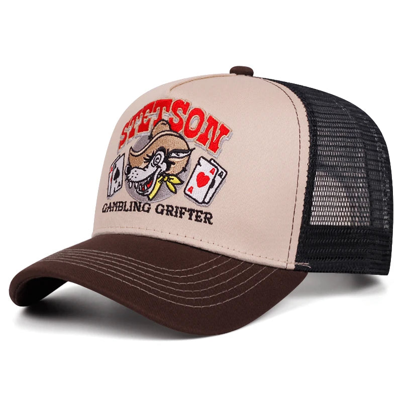 Spersonalizowana nowa czapka z oddychającej siateczki STETSON z motywem głowy wilka, czapka pokerowa, czapka sportowa na świeżym powietrzu, czapka przeciwsłoneczna, czapka uliczna w stylu hip-hop, unisex