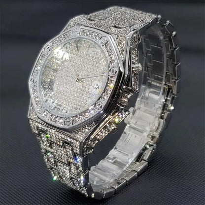 Gold Watches For Men Full Iced Diamond Men's Quartz Watch Luxury Fashion Calendar Wristwatch Dropshipping