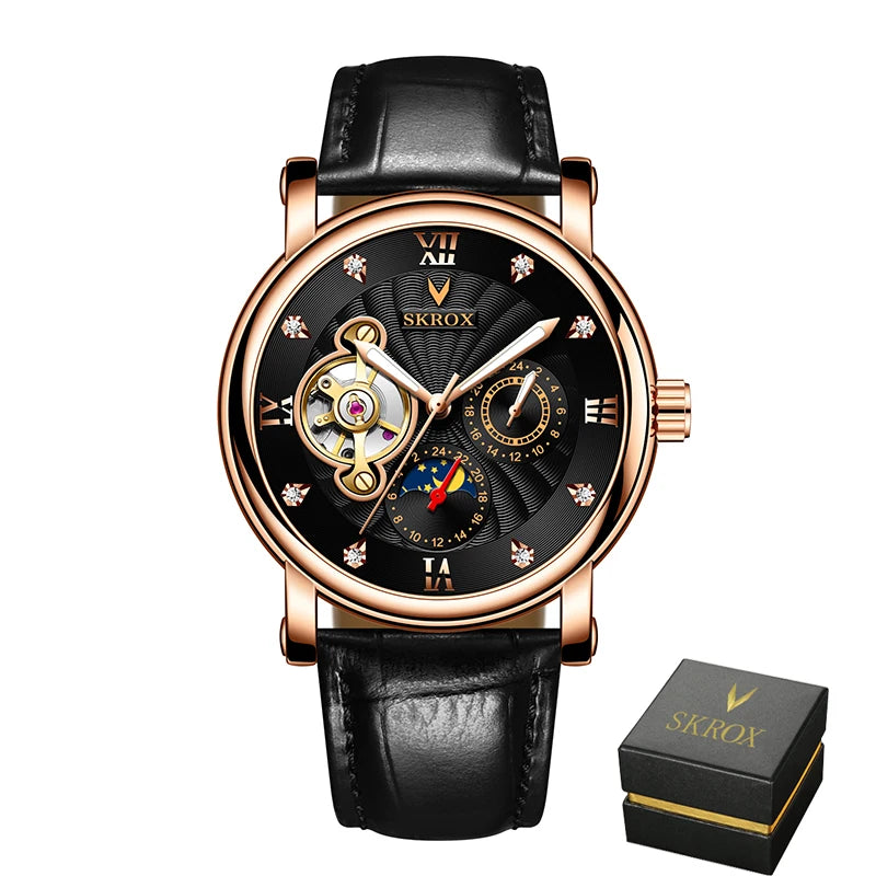Luxus automatikus mechanikus férfi karóra, egy neves márka aláírásával, tourbillon-nal, holdfázis-kijelzővel és gyémántokkal díszítve – egy elegáns karóra.