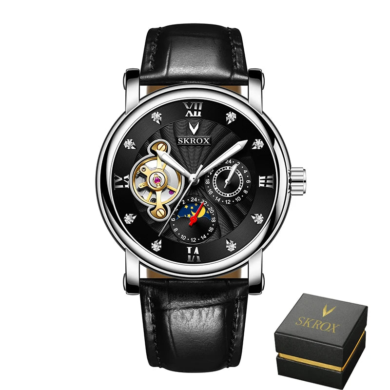 Luxus automatikus mechanikus férfi karóra, egy neves márka aláírásával, tourbillon-nal, holdfázis-kijelzővel és gyémántokkal díszítve – egy elegáns karóra.