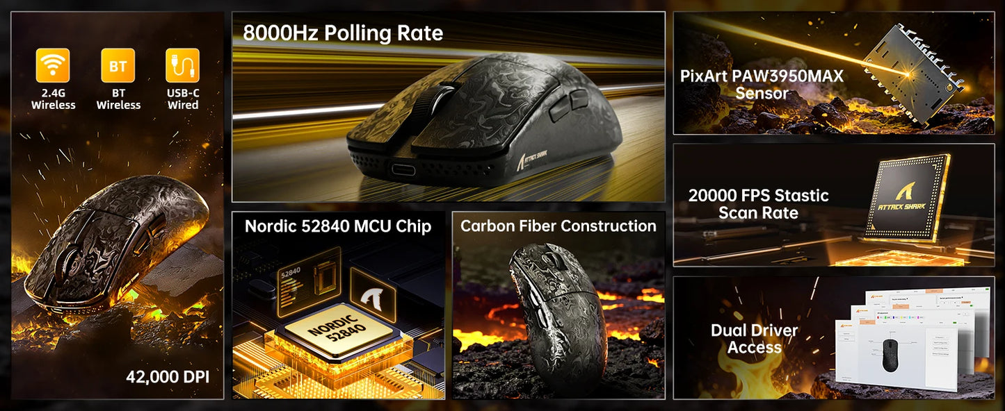 ATTACK SHARK R11 ULTRA trådlös gamingmus i kolfiber, 8000Hz, PAW3950MAX, 42000DPI, 49g lättvikt, 20000FPS, Nordic 52840