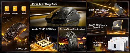 ATTACK SHARK R11 ULTRA trådlös gamingmus i kolfiber, 8000Hz, PAW3950MAX, 42000DPI, 49g lättvikt, 20000FPS, Nordic 52840