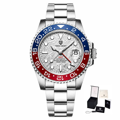Mehanska moška ura Pagani Design GMT – Luksuzni model s safirnim steklom, ohišjem iz nerjavečega jekla in keramičnim okvirjem – Avtomatska moška ura, poslovni stil