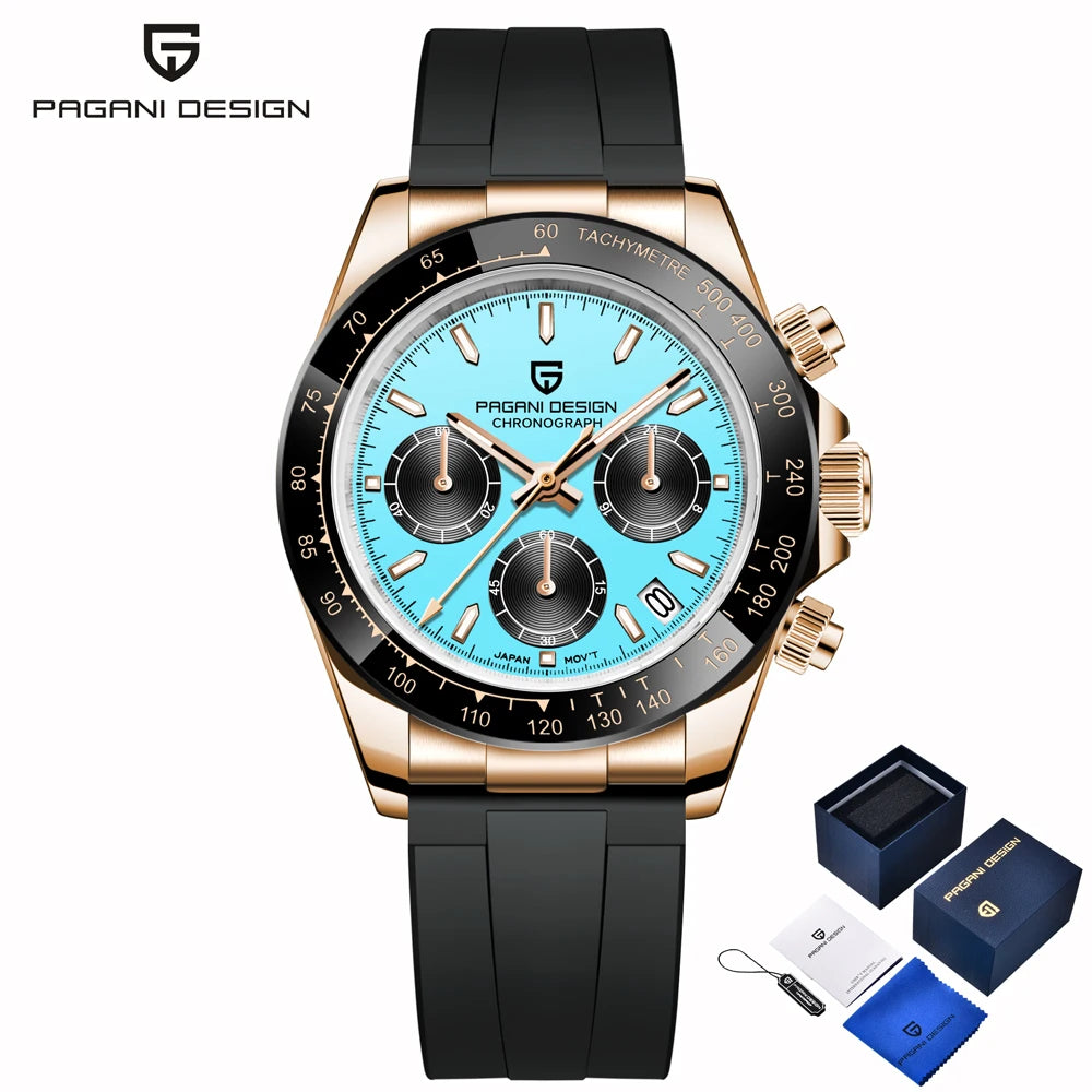 PAGANI DESIGN New Gold Blue Luxury Quartz Watch For Men Gift Box VK63 Movt Chronograph Sapphire Crystal Stainless Steel Watch