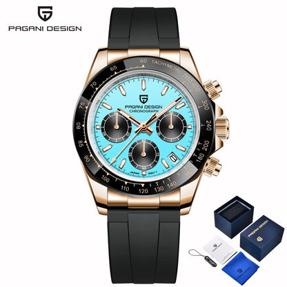 PAGANI DESIGN New Gold Blue Luxury Quartz Watch For Men Gift Box VK63 Movt Chronograph Sapphire Crystal Stainless Steel Watch