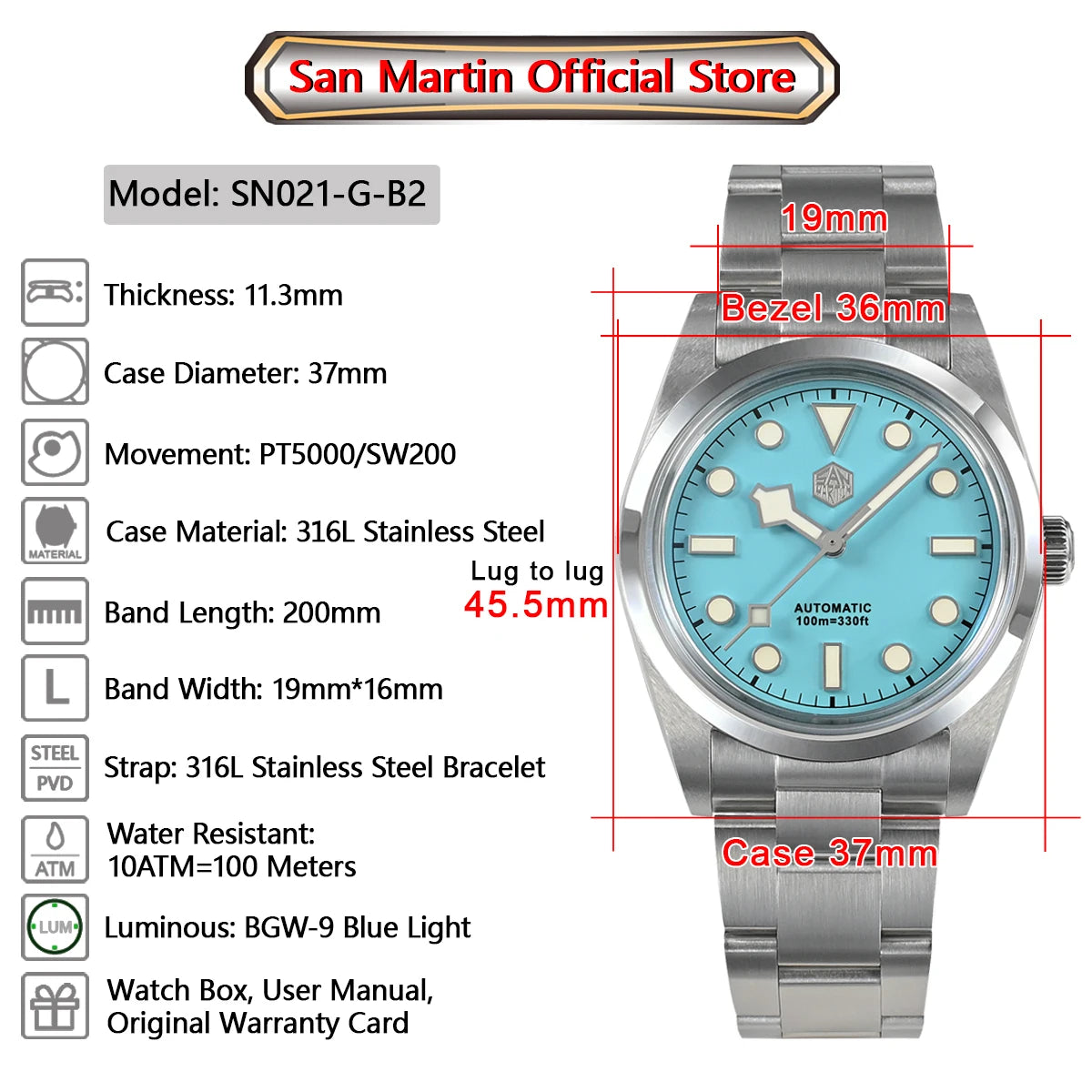 San Martin Men Luxury Watch 36mm BB36 Snowflake Hands Explore Series Sports Watches PT5000 Automatic Mechanical 10Bar BGW-9 Lume