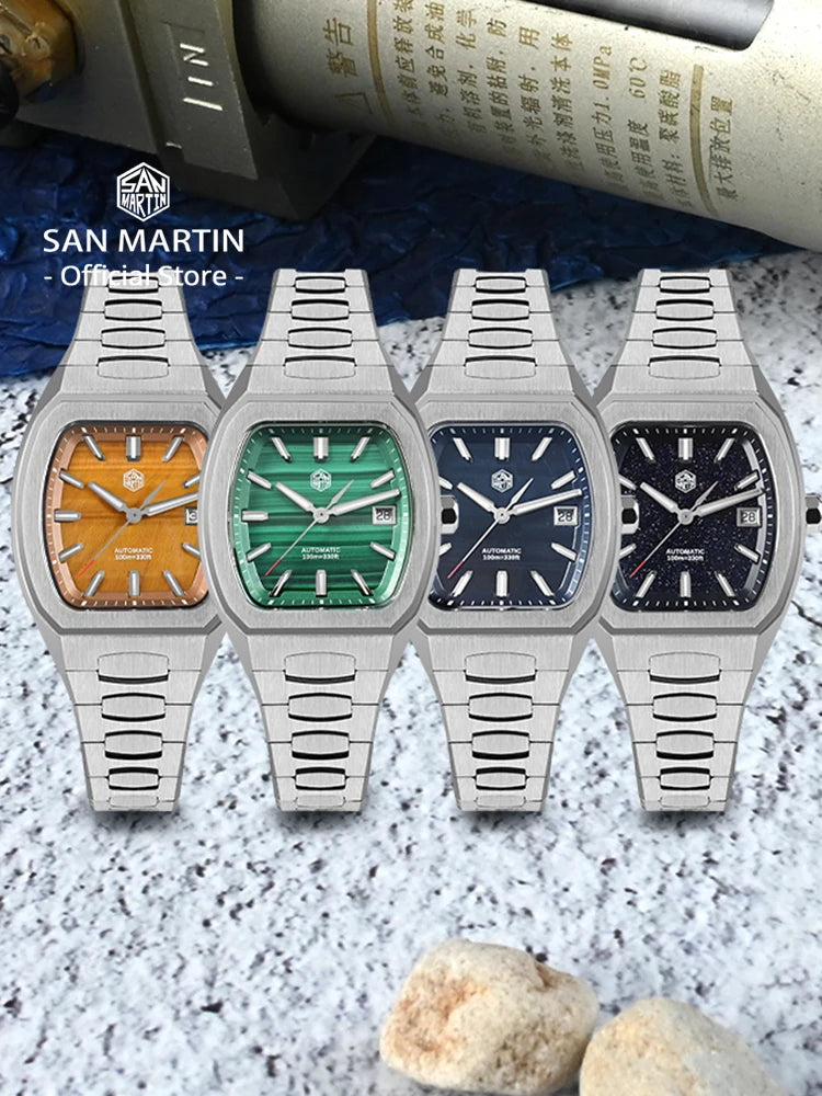 San Martin 39.5mm Tonneau Luxury Men Watch Mineral Dial Casual Sports PT5000 SW200 Automatic Mechanical Sapphire Luminous SN0145