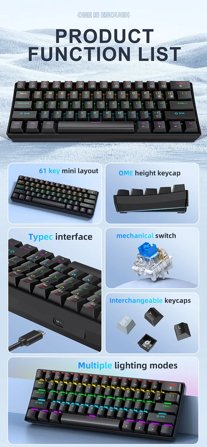 Teclado mecânico mini APAYADO K61, com fio, 61 teclas, Phantom RGB, interruptor mecânico vermelho/azul preto/branco para gaming, 60% portátil