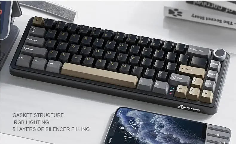 Teclado mecânico sem fios Attack Shark X66, layout compacto 65%, retroiluminação RGB, gasket, hot swap, Bluetooth, USB-C, PBT, bateria de grande capacidade
