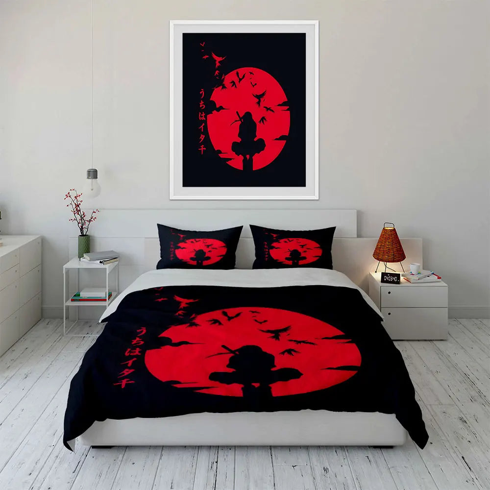 Japanese Ninja silhouette under the red moon Pattern Duvet Cover Set Digital Print Colorful Polyester Bedding with Zipper Closur