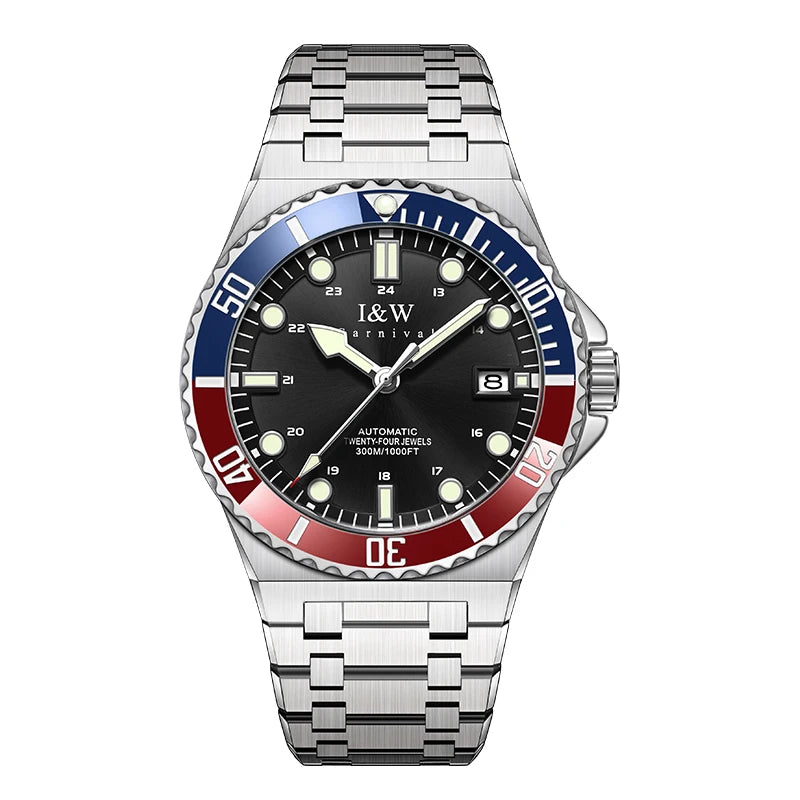 IW Luxury Brand Automatic Mechanical Sports Diving Watch Red Blue Bezel Steel Sapphire Luxury Men's Watches 300M Waterproof