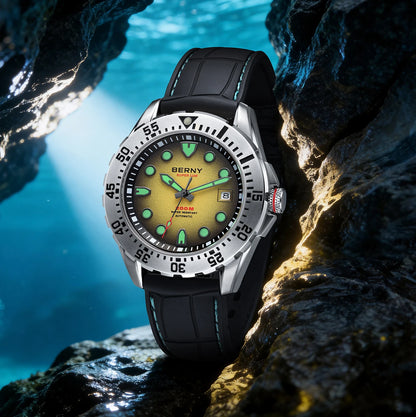 BERNY Men's Automatic Diver Watch Supper Luminous Sapphire AR Coated MIYOTA 8215 316LStainless Steel Single Crown Diving Watches