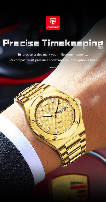 POEDAGAR Business Men Clock Date Week Stainless Steel Luxury Man Wristwatch Waterproof Luminous Sport Quartz Men's Watches Reloj