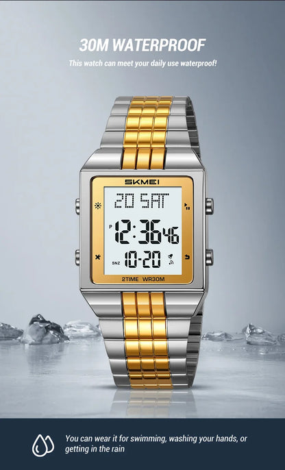 Skmei Luxury Digital Watches for Mens LED Waterproof Date Week Display Chronograph Fashion Dual Time Zones Bracelet Steel Watch