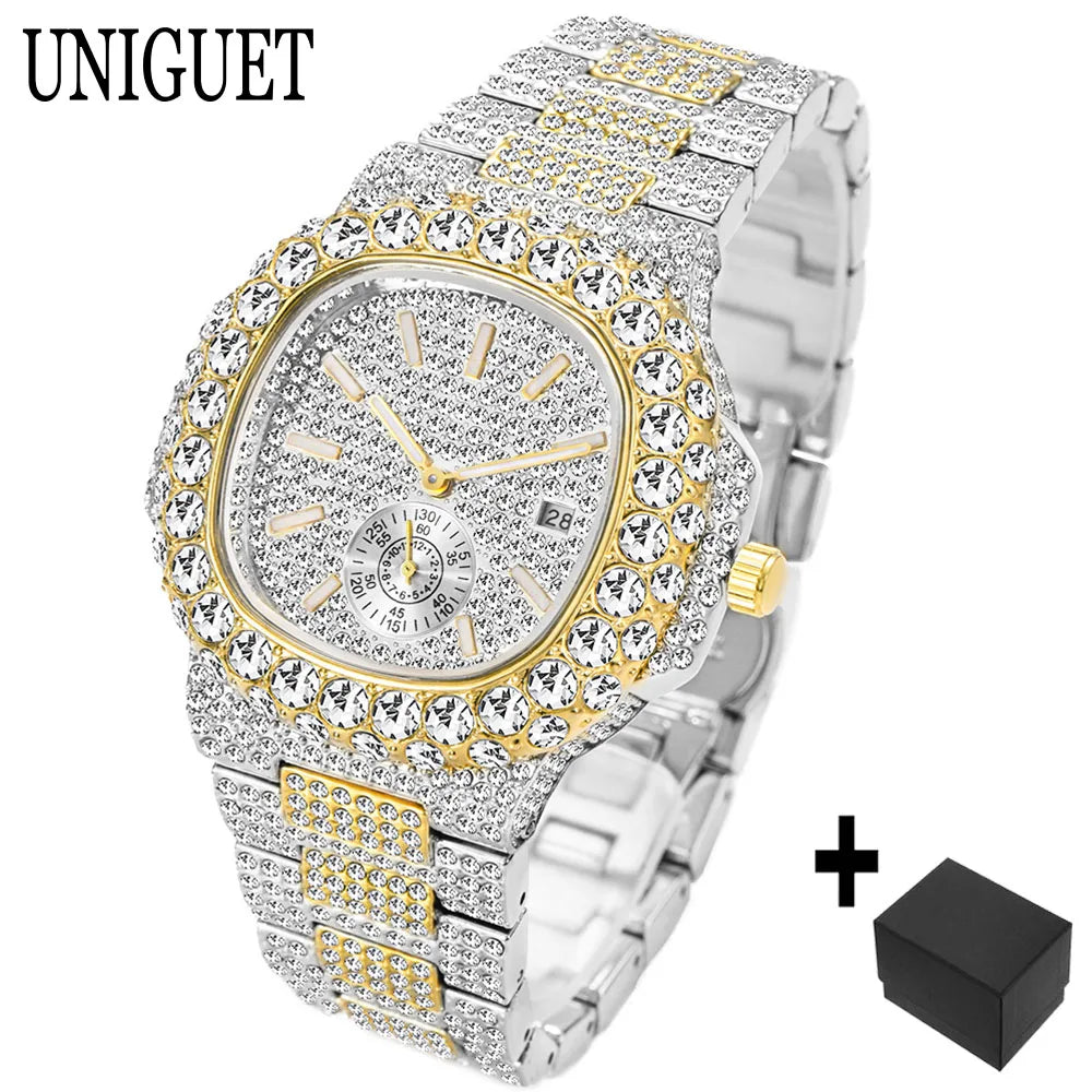 Luxury Brand Men Quartz Watch Fashion Square Hip Hop Diamond Out Sparkling Jewelry Waterproof Stainless Steel Wristwatch Man New