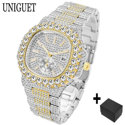 Luxury Brand Men Quartz Watch Fashion Square Hip Hop Diamond Out Sparkling Jewelry Waterproof Stainless Steel Wristwatch Man New