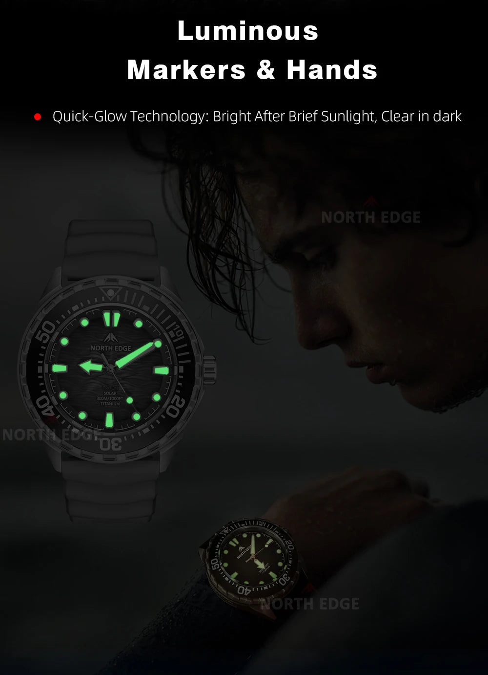 NORTH EDGE 2025 NEW+ TRITON-TI Titanium Solar-Powered Diving Watch Luxury Quartz Watches for Men 300M Waterproof 180+ Day Power