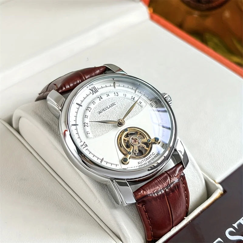 Orologio meccanico automatico da uomo – Elegante design scheletrato, stile «business casual» di tendenza, cassa in lega e cinturino in pelle, senza batteria