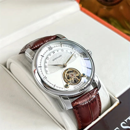 Orologio meccanico automatico da uomo – Elegante design scheletrato, stile «business casual» di tendenza, cassa in lega e cinturino in pelle, senza batteria