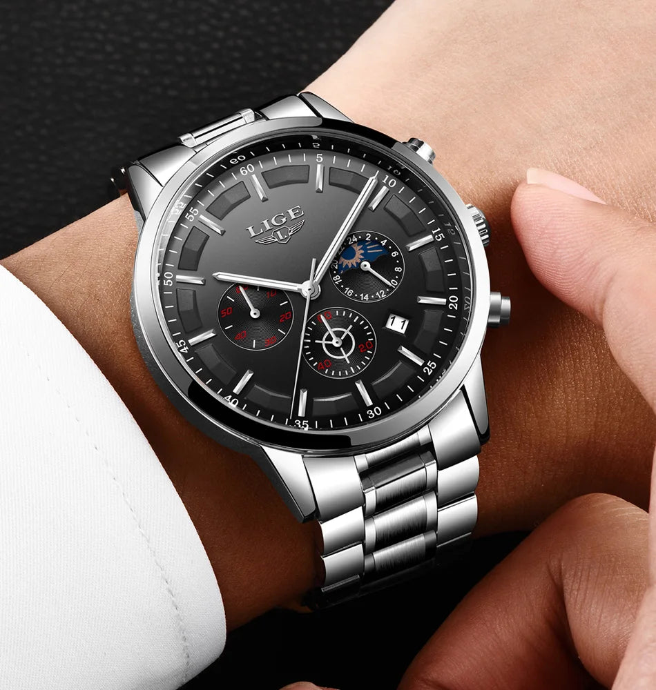 LIGE herenhorloge – Luxe quartz-chronograaf, waterdicht (3 bar), met lichtgevende wijzers – Cadeautip (inclusief doos)