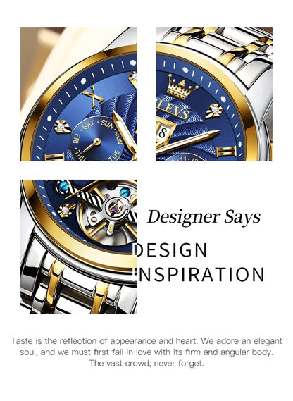 OLEVS 9910 Original Men's Automatic Mechanical Watch Luxury Skeleton Stainless steel Waterproof Luminous Watches