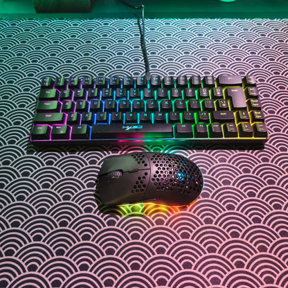 Conjunto portátil de teclado e rato gaming HXSJ 60% RGB: teclado de membrana com fios de 68 teclas e rato sem fios leve de 3 modos para PC e Mac