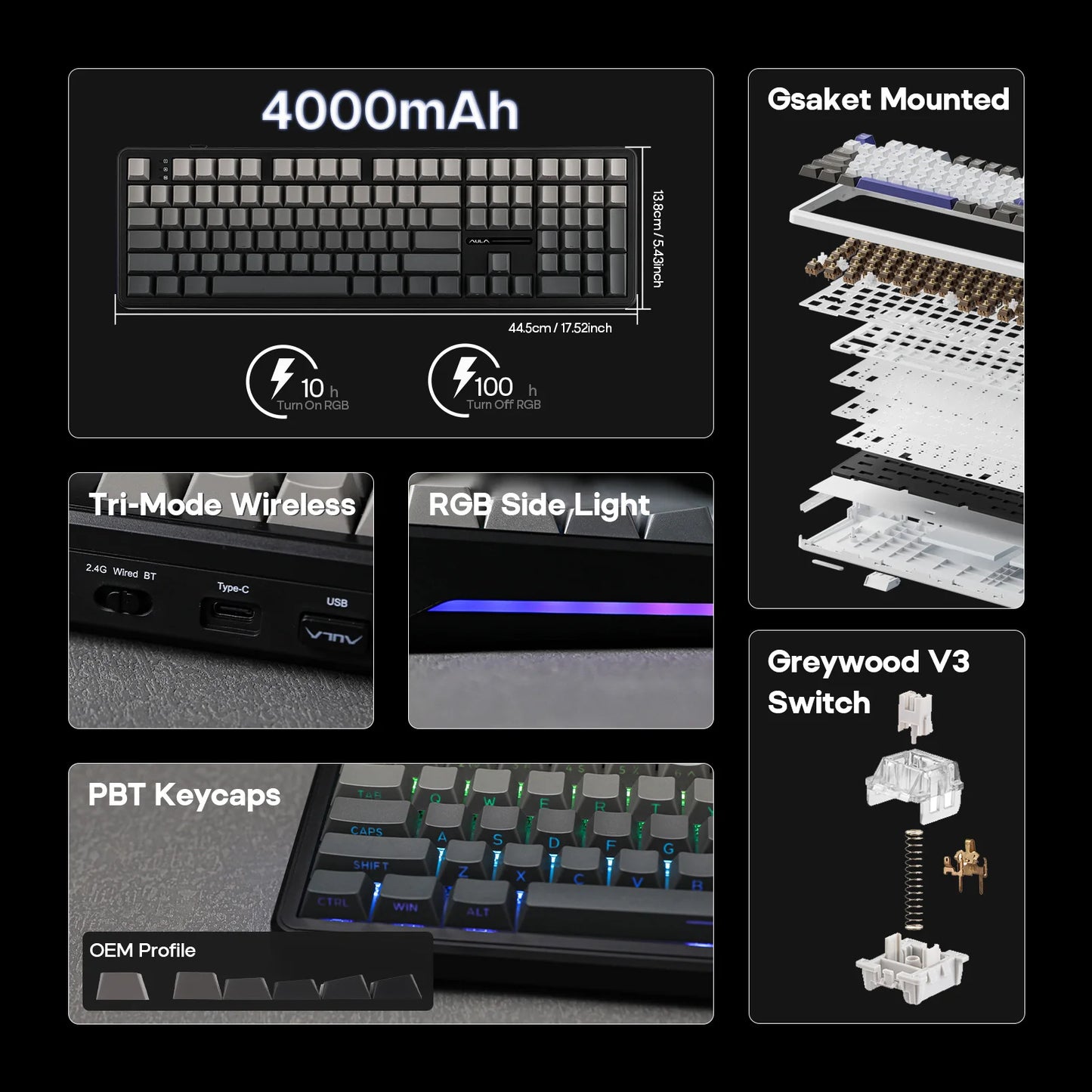 EPOMAKER x AULA F108 Full Size 100% ANSI Layout Hot-Swap Wired/2.4GHz/Bluetooth 5.0 Wireless Mechanical Keyboard RGB Backlight