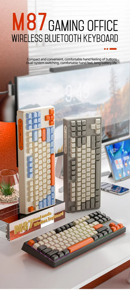 Teclado M87 Sem Fios Bluetooth de Modo Duplo, Sensação Mecânica para Gaming e Escritório, Silencioso, Teclas PBT Ball Cap, Luz Arco-Íris