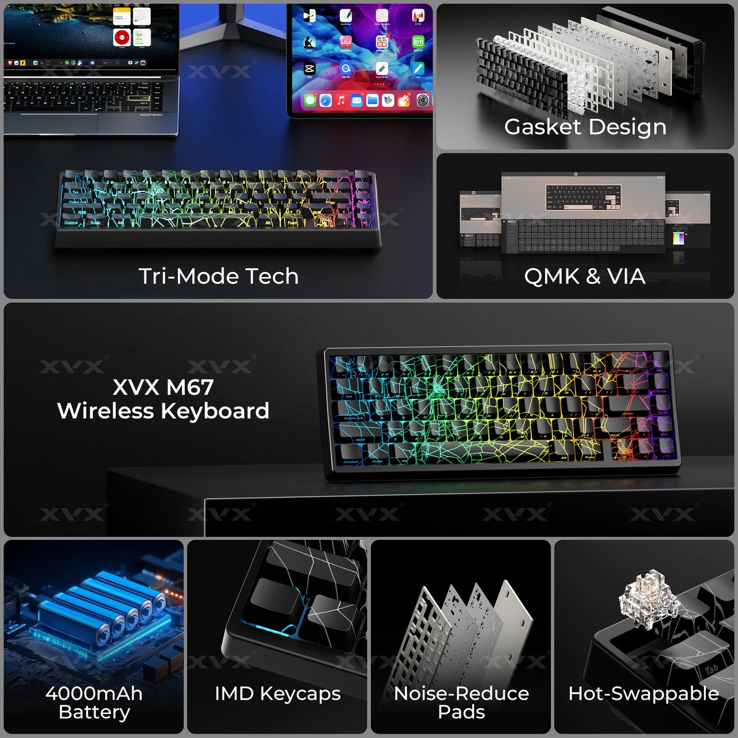 Teclado XVX Spider Web M67 JadeStone com Teclas IMD-Tech, Ligação Tri-Mode e Retroiluminação RGB Personalizada 60%