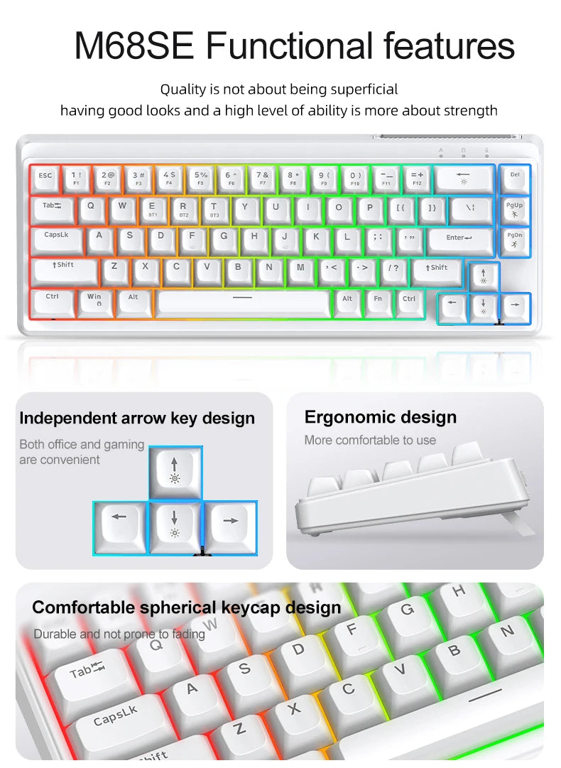 Teclado FREEWOLF M68SE com sensação mecânica, 68 teclas, mini teclado compacto com fios, silencioso, para portáteis, gaming e utilização em escritório