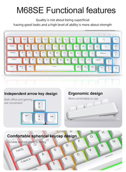 Teclado FREEWOLF M68SE com sensação mecânica, 68 teclas, mini teclado compacto com fios, silencioso, para portáteis, gaming e utilização em escritório