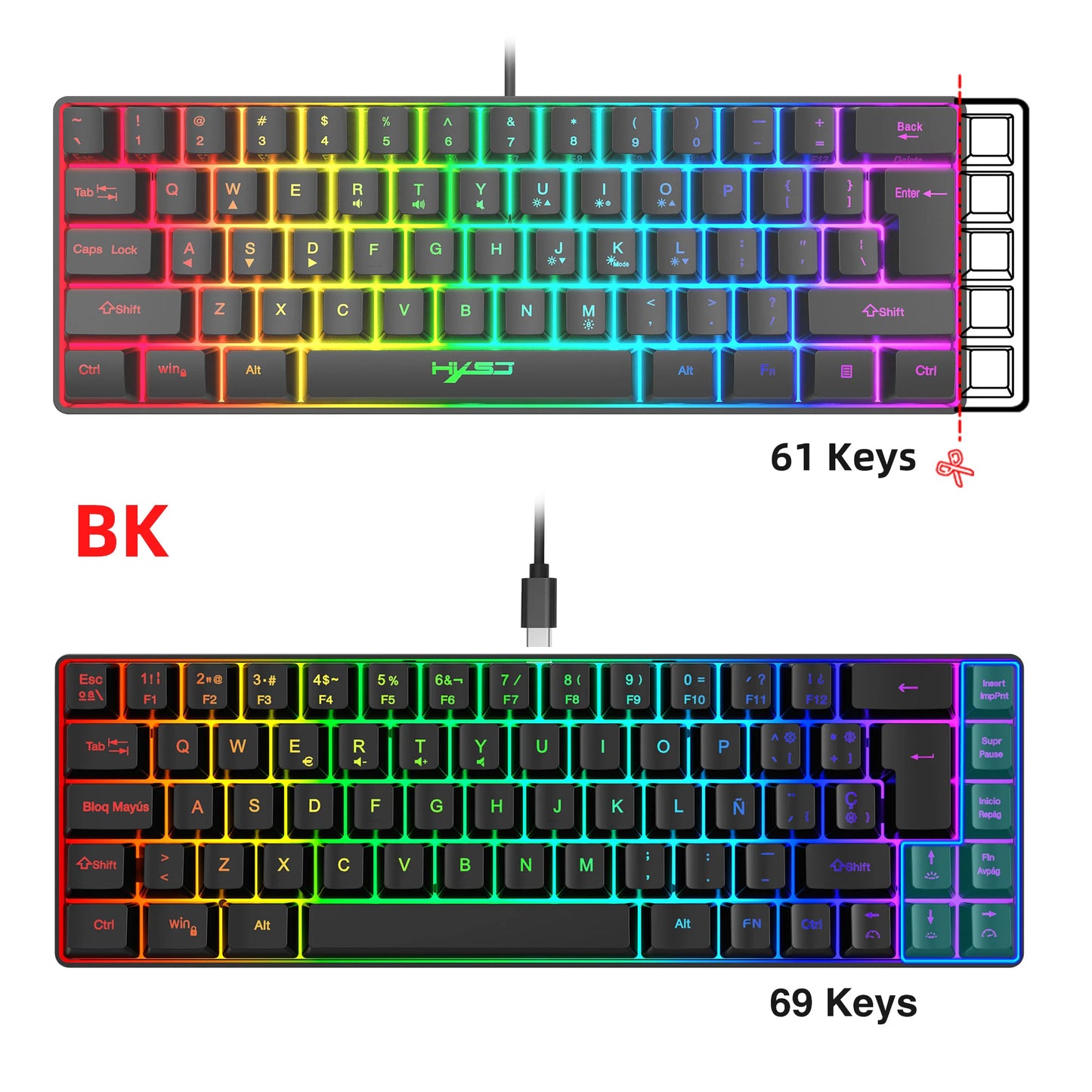 Promoção imperdível! Teclado gaming com fios espanhol de 69 teclas, retroiluminação RGB e design compacto 68%, um acessório indispensável para profissionais de escritório e gamers