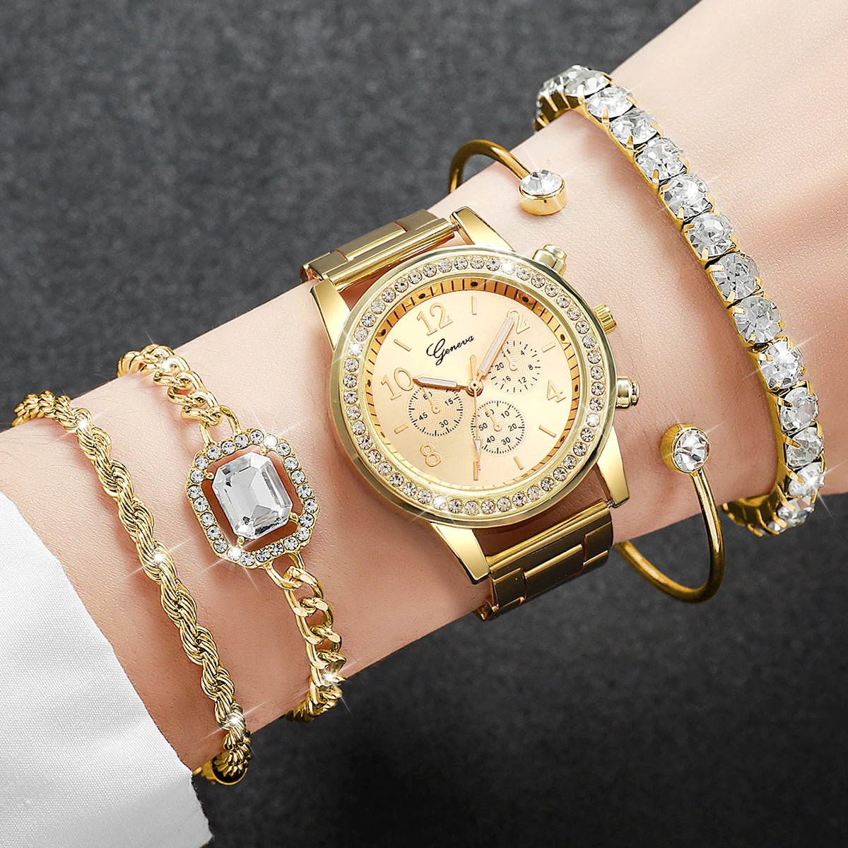 5PCS Luxury Diamond Women Watches Bracelet Set Ladies Arabic Dial Quartz Wristwatches Reloj Mujer (Without Box)
