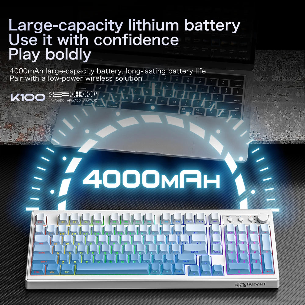 FREEWOLF K100 Wireless Keyboard Quiet with Media Knob|Side-print Backlit|4000mAh|26-Key Rollover Mechanical Feel Keyboard