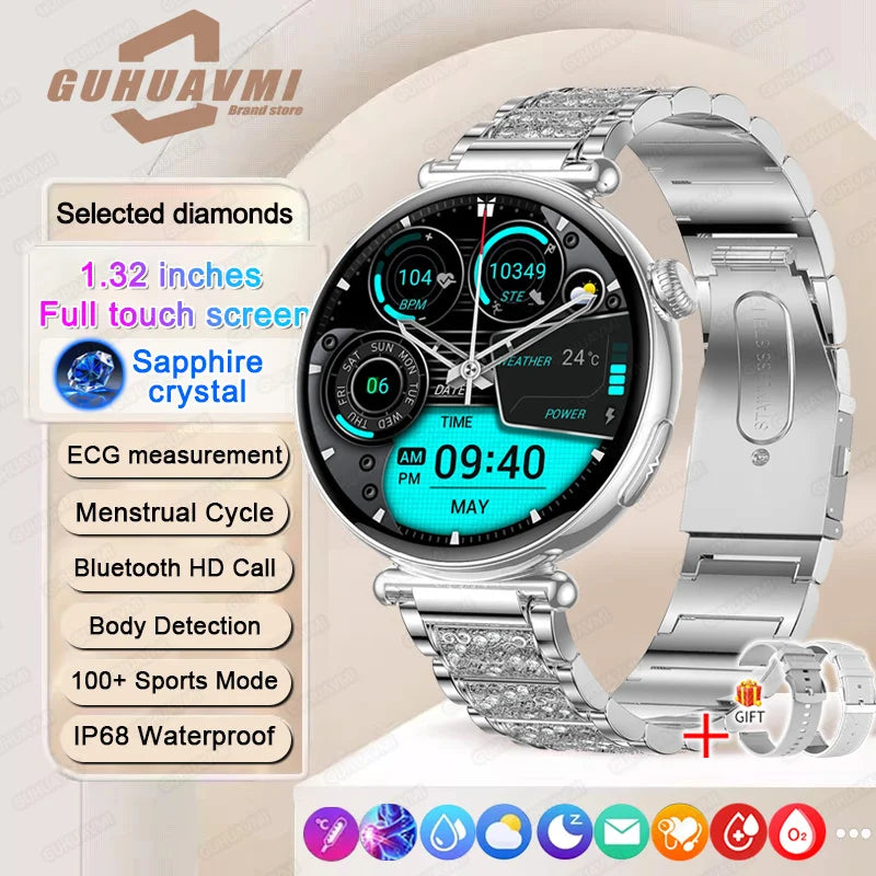 New 1.32inch Smart Watch For Women Health ECG Health Lady Watches Full Touch Screen Call Custom Dial Diamond Strap Smartwatch