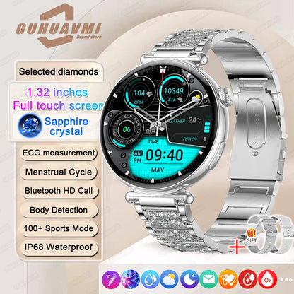 New 1.32inch Smart Watch For Women Health ECG Health Lady Watches Full Touch Screen Call Custom Dial Diamond Strap Smartwatch