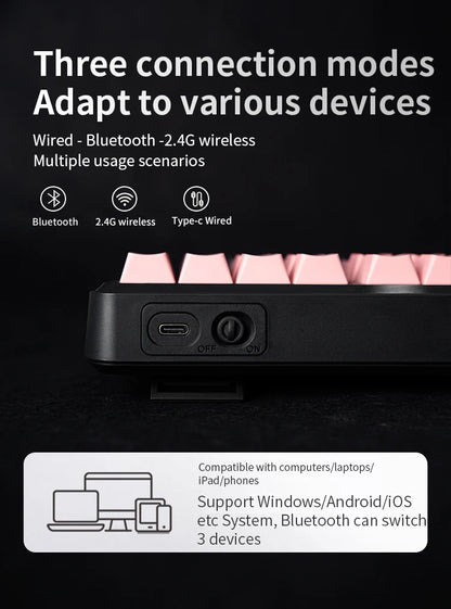 Teclado Bluetooth V108 Pro para escritório, baixo ruído, 2.4G, com e sem fios, layout completo, membrana com retroiluminação RGB