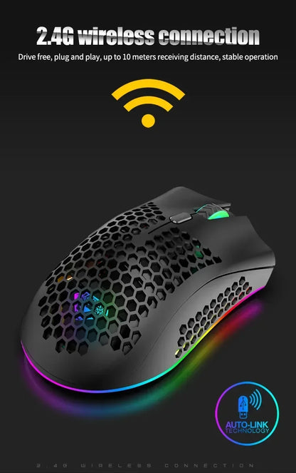BM600 Wireless Gaming Mouse USB 2.4GHz Rechargeable RGB Wireless Mouse, Ergonomic Honeycomb Optical Mouse for PC, Laptop & Office