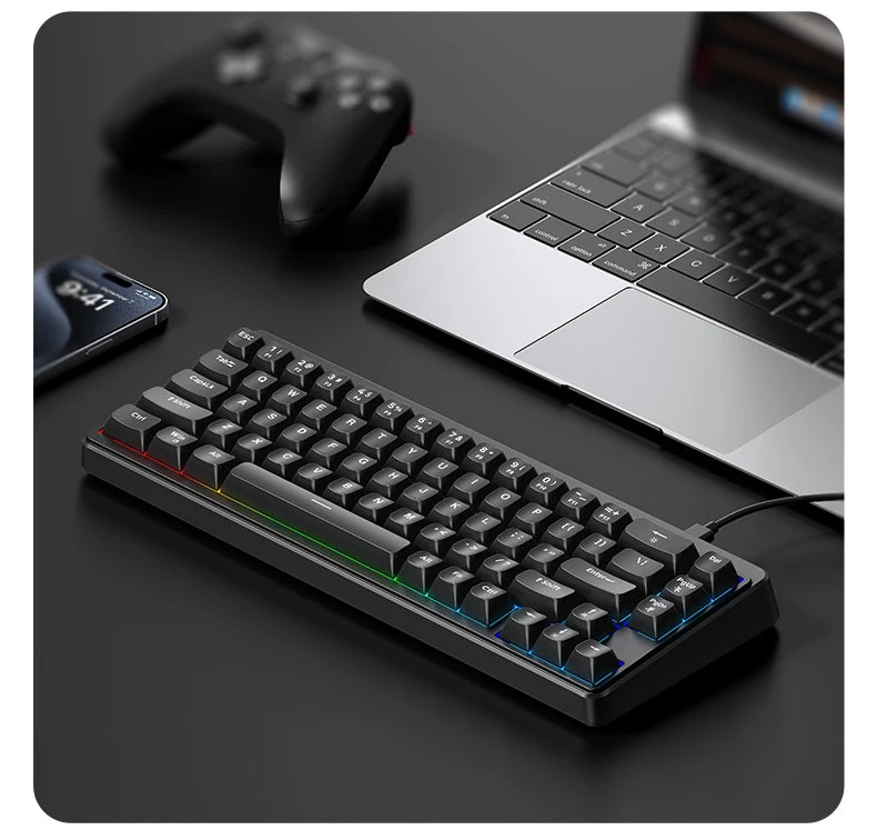 FREEWOLF M68SE 68% Mini Wired Keyboard RGB Backlit Silent Mechanical Feel Type-C Detachable Cable for PC Mac