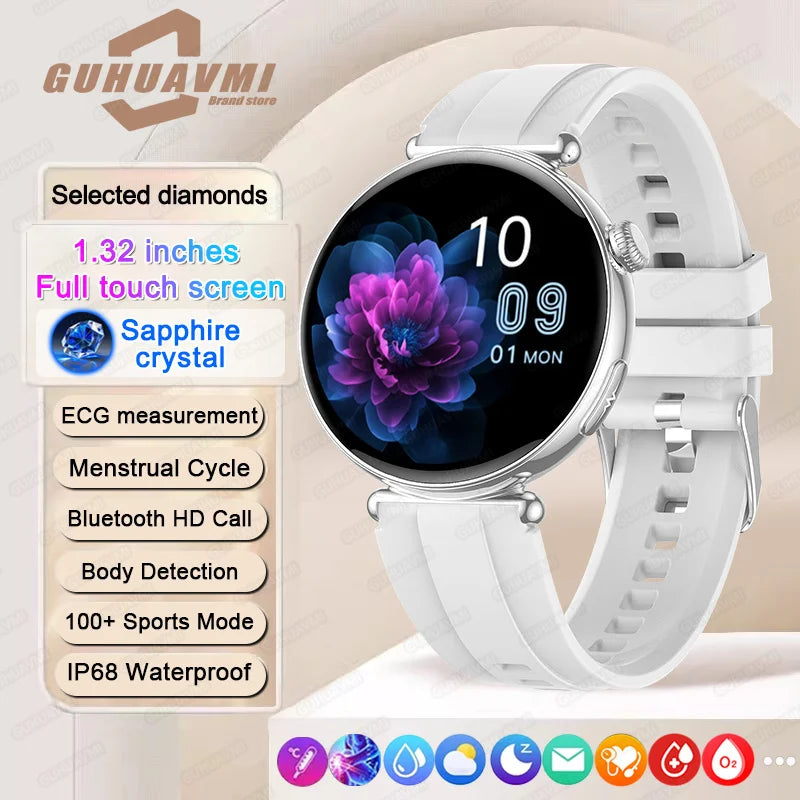 New 1.32inch Smart Watch For Women Health ECG Health Lady Watches Full Touch Screen Call Custom Dial Diamond Strap Smartwatch