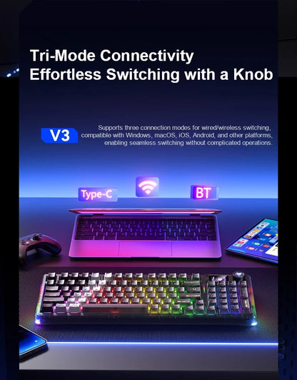 AULA F98Pro V3 Mechanical Keyboard W/ Rotate Button RGB Backlight Screen Tri-Modes Game E-sports Special Carved 95 Keycaps