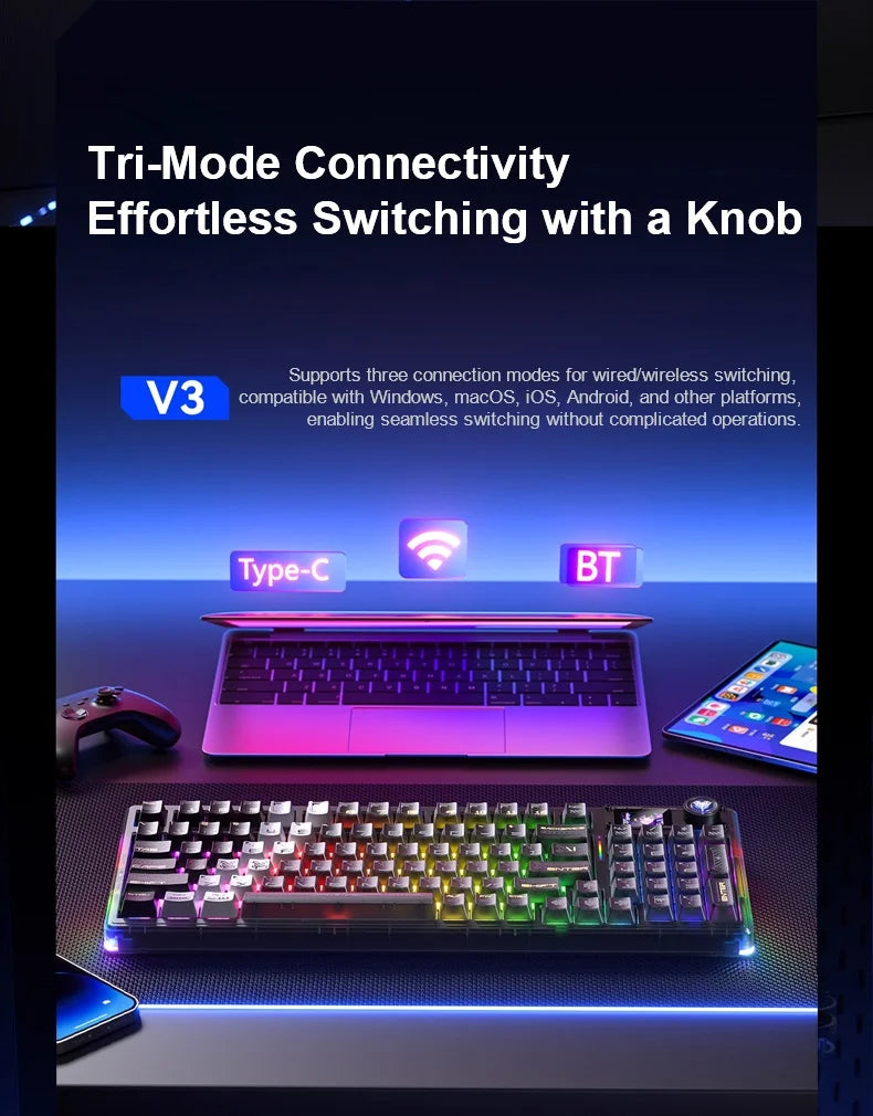 AULA F98Pro V3 Mechanical Keyboard 3-mode Wireless Bluetooth Hot-swap E-sports Customized Transparent Keycaps RGB Game Keyboards