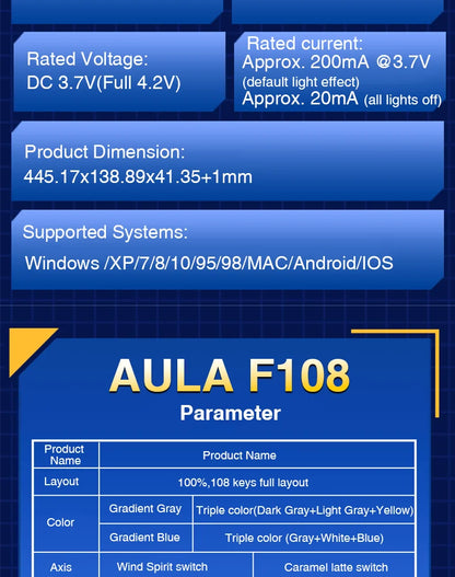 AULA F108 Keyboard 100% Layout 1K Polling Rate Mechanical Gaming Keyboard Hot Swappable Linear Switch with Macro Software