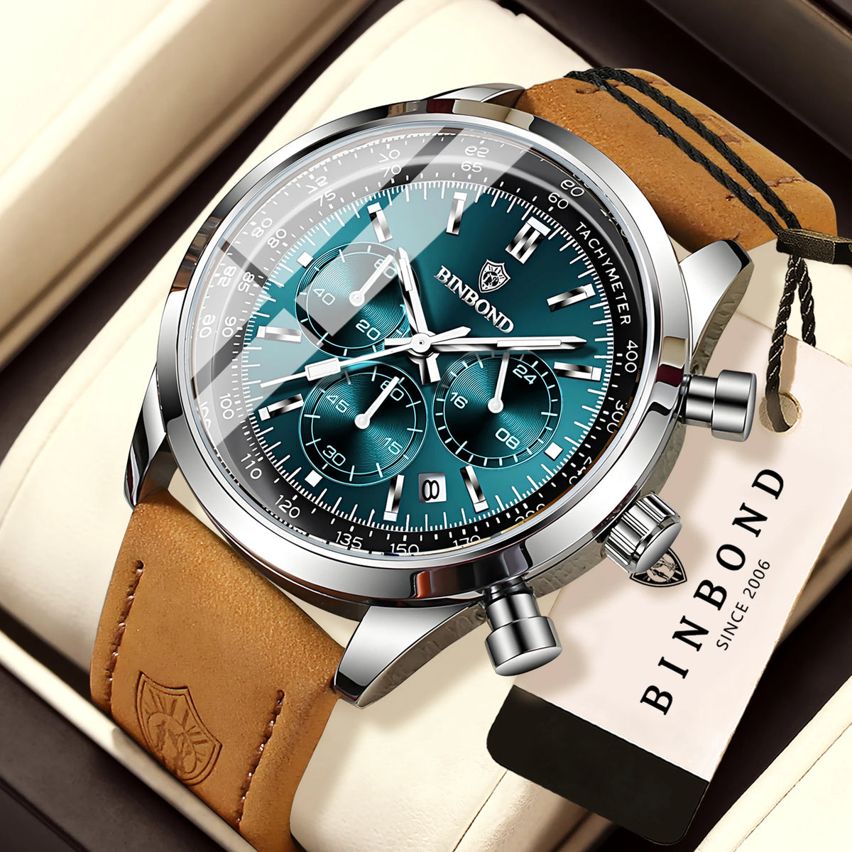 Robuust en nauwkeurig BINBOND-kwartschronograafhorloge voor heren, luxe, met automatische datum, verlicht en waterdicht, casual stijl.