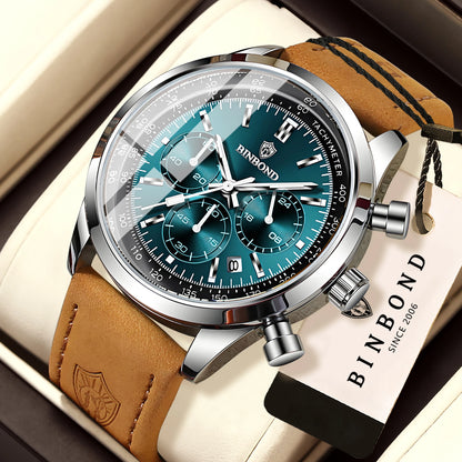 Robuust en nauwkeurig BINBOND-kwartschronograafhorloge voor heren, luxe, met automatische datum, verlicht en waterdicht, casual stijl.