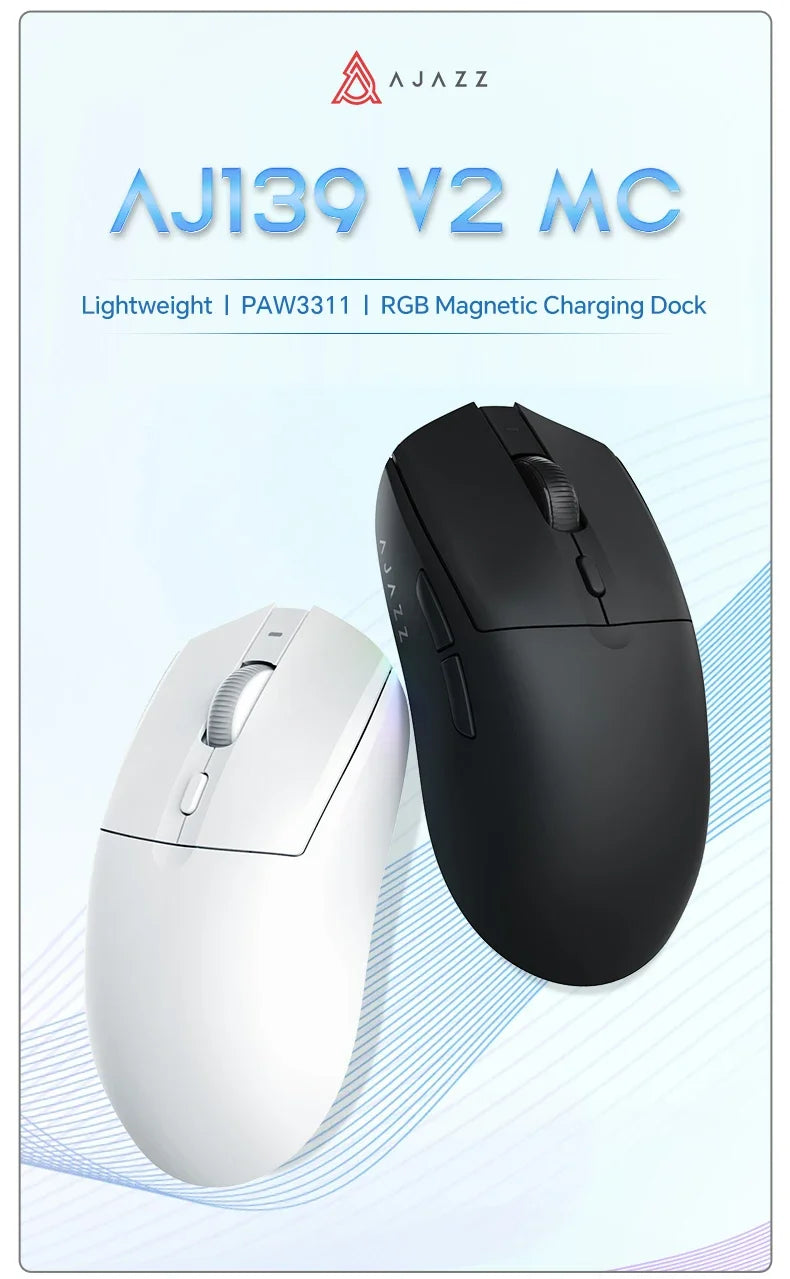 AJAZZ AJ139 V2 MC/AJ139 PRO belaidė žaidimų pelė su PAW3311/PAW3395 jutikliu, 12000DPI/26000DPI, 500mAh „Bluetooth“ pelė žaidėjams, skirta PC
