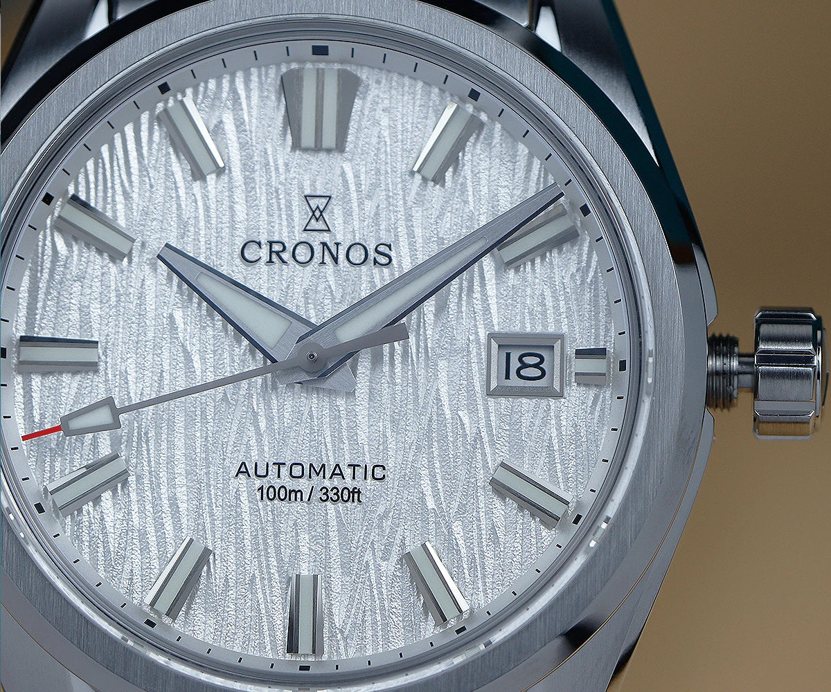 Cronos Men Watch 39mm Automatic Miyota 9015 Movement Wristwatches White Dial Birch Pattern Solid Links Sapphire 10 ATM L6040M