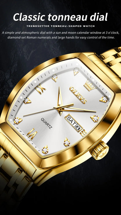 OLEVS New Men's Watches Quartz Luxury Gold Watch Classics Tonneau Dial Top Brand Waterproof Luminous Quartz Watch for Men 5528