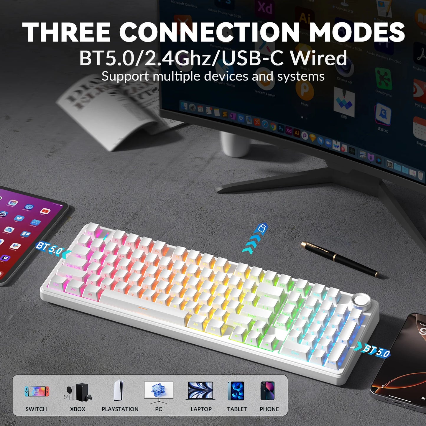 AULA F99Pro Low Noise Keyboard Gasket Structure Hot-swap RGB Mechanical Keyboard with Media Knob